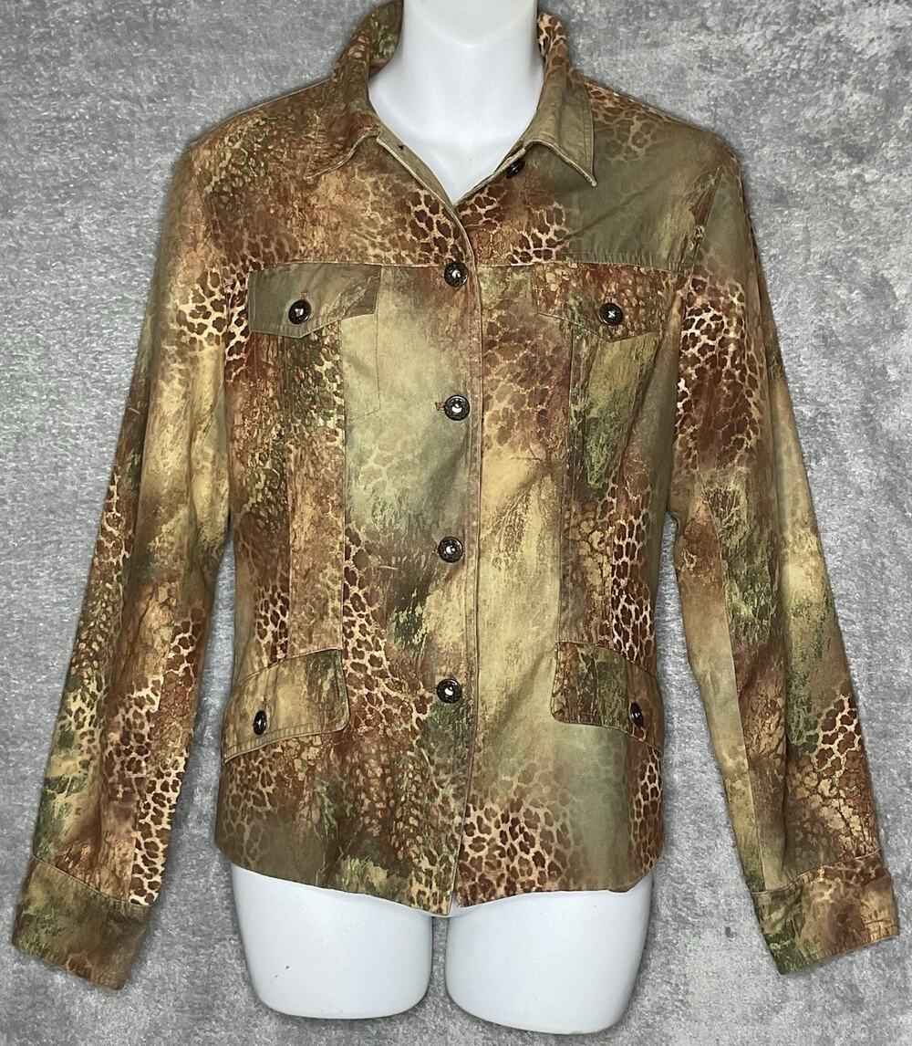 Andre Oliver Womens Size 8 Brown Green Jacket Animal Print Button Front Utility